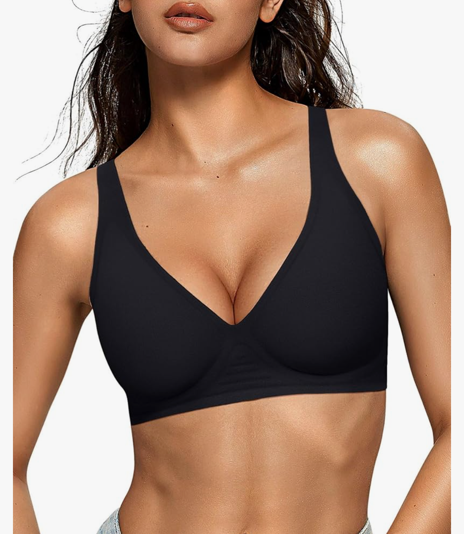 OEAK Womens Deep V Bras Wireless Comfortable Bra Supportive No Underwire Bras Tshirt Push Up Bralettes Plunge Seamless Bra, Size -XS Blac