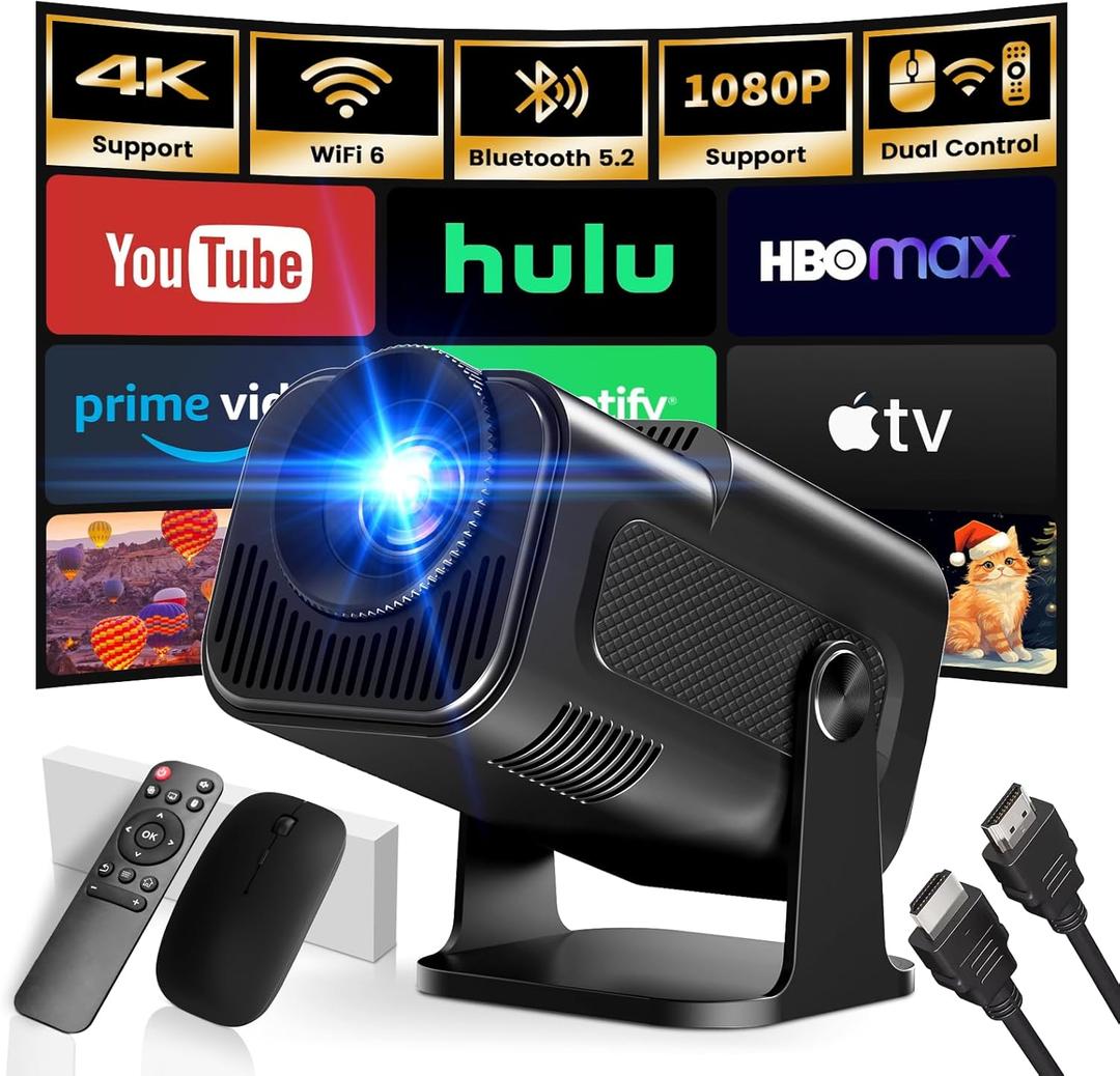 Mini Projector with WiFi and Bluetooth Support 4K 1080P FHD 2026 Movie Projector Built-in Apps Smart Projector 180 Rotatable Auto Keystone Compatibile with HDMI/TV Stick/Memory Stick/Laptop, Black