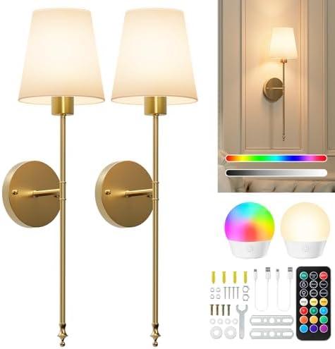 Brightown Battery Operated Wall Sconces Set of 2, Cordless Wall Lights with Rechargeable Bulbs and Remote, 12 Lighting Colors and Dimmable, Battery Powered Wall Lights for Bedroom Living Room, Gold