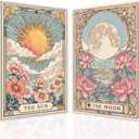 SWQYLB Sun Moon Wall Art Set of 2 Celestial Floral Wall Decor Tarot Canvas Painting Witchy Prints Artwork for Bedroom Home Decor Framed (16"x24"x2)