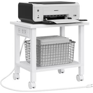 TUTOTAK 2 Tier Printer Stand, Rolling Printer Cart with Power Outlets and USB Ports, Mobile Printer Table with Wheels, for Under Desk, Office, Home, White PS01BW001 (2 tier(15.7 x 11.8 x 15.4inchs))