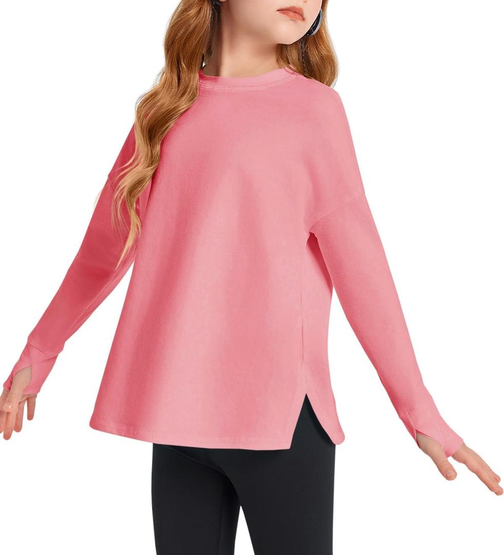 Haloumoning Girls Athletic Shirts Long Sleeve Active Quick Dry Tops Kids Gym Yoga Tees with Thumb Holes 5-14 Years (Pink, S)