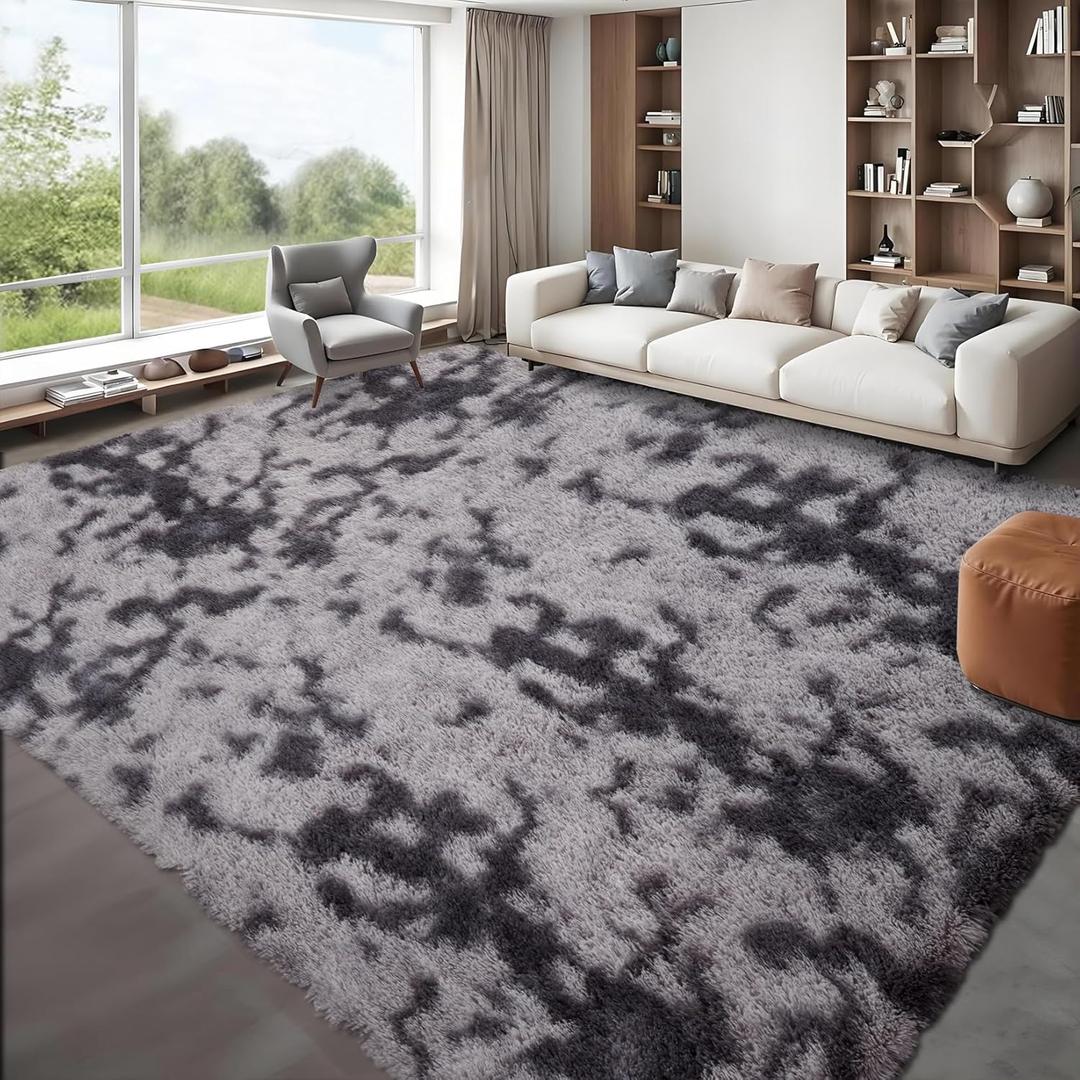 GarveeHome 9x12 Fluffy Area Rug- Shag Area Rug for Living Room, Shaggy Large Indoor Thick Living Room Carpet with Non-Slip Backing, Soft Plush Carpet for Bedroom, 9x12, Tie-dye Dark Grey