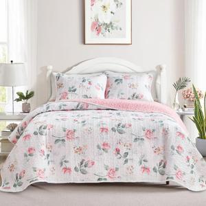 Floral Quilt Set Queen Size 88x88 with Pink Yellow Flower Soft Microfiber Lightweight Coverlet Bedspread Reversible Summer 3pc Quilted Bedding Set Bed Cover for All Season (1 Quilt+ 2 Shams)