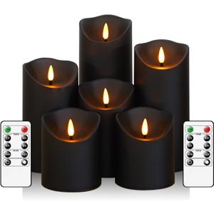 Fo32won Flameless Flickering Candles with Remote Timer, Set of 6 Led Black Battery Operated Candles for Home Decor Xmas Halloween (D3 x H3 3" 4" 5" 6" 7")