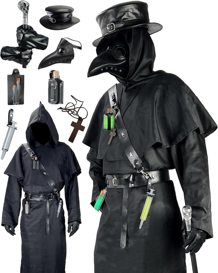 Absolute Vibe Plague Doctor Costume Set Halloween Props Renaissance Medieval Monk Priest Cosplay Outfit Mask Hat Robe Cane (Medium)