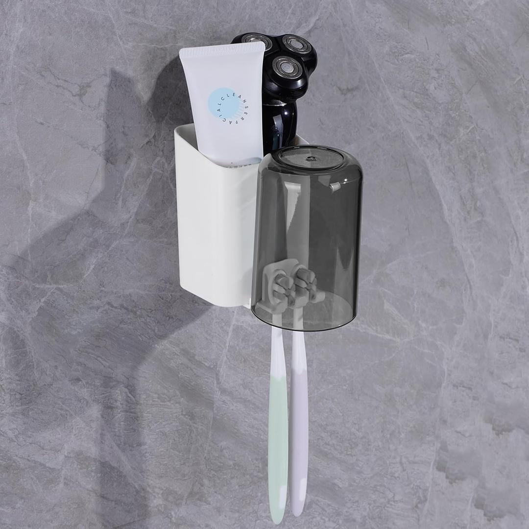 Wall-Mounted Toothbrush Holder with Rinse Cup, Durable Plastic Toothpaste Holder with Storage Slot, Space-Saving Bathroom Organizer Holds 2 Toothbrushes, Waterproof and Easy to Install (White)