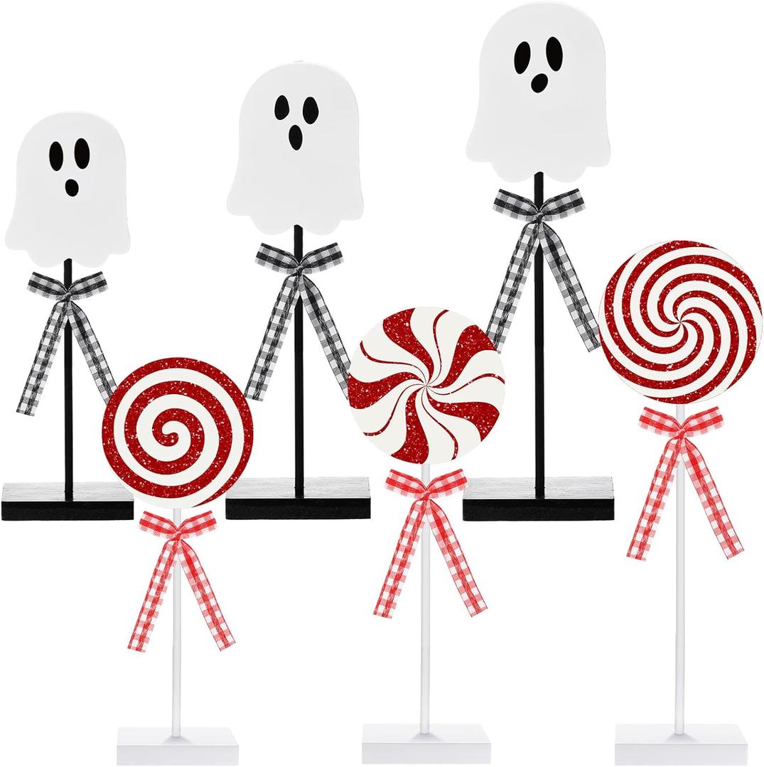 6 Pcs Halloween Christmas Pastel Ghost Candy Table Decorations Cute Wooden Block Ghost Signs with Bow Rustic Stand Table Centerpiece for Halloween Christmas Farmhouse Shelf Mantel Decor
