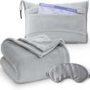 Bedsure Travel Blanket Airplane Compact with Storage Bag, Packable Blanket with Eye Mask, Lightweight 2-in-1 Travel Essentials, Functioned as Pillow for Airplane Comfort and Warmth, Grey