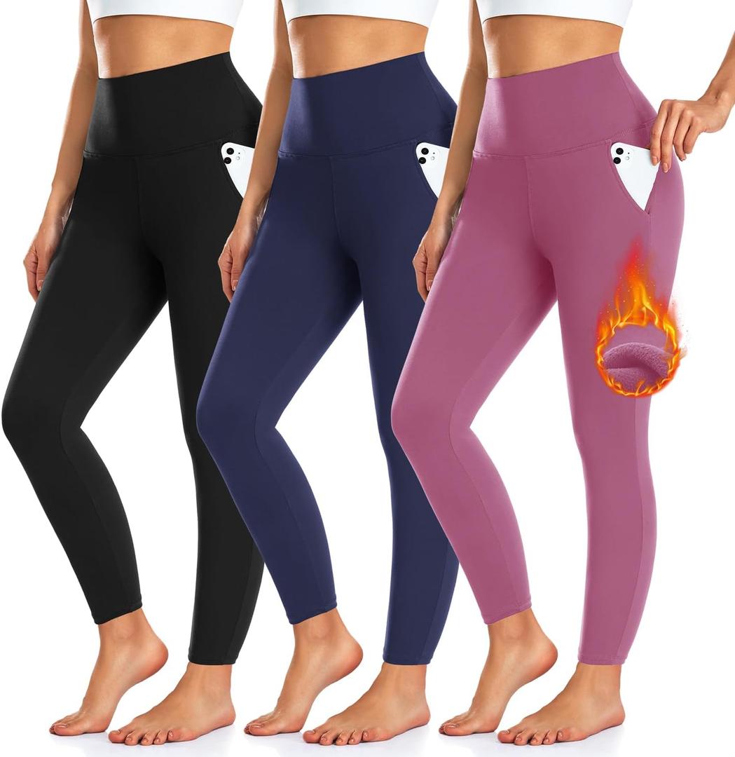 3 Pack Fleece Lined Leggings Women with Pockets -Warm Winter Yoga Pants for Women Thermal Running Workout Leggings (Large-X-Large, Black/Navy/Dark Pink)