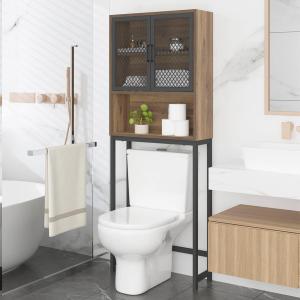 Launica Over the Toilet Storage Cabinet, Over Toilet Bathroom Organizer with Mesh Doors and Shelves, Freestanding Bathroom Storage Cabinet Above Toilet, Wood and Metal, Rustic Oak