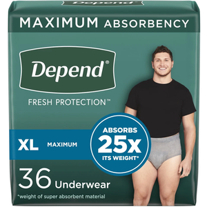 Depend Fresh Protection Adult Incontinence Underwear for Men, Disposable, Maximum, Extra-Large, Grey, 144 Count (4 Packs of 36), Packaging May Vary Depend Fresh Protection Adult Incontinence Underwear for Men, Disposable, Maximum, Extra-Large, Grey, 144 Count (4 Packs of 36), Packaging May Vary