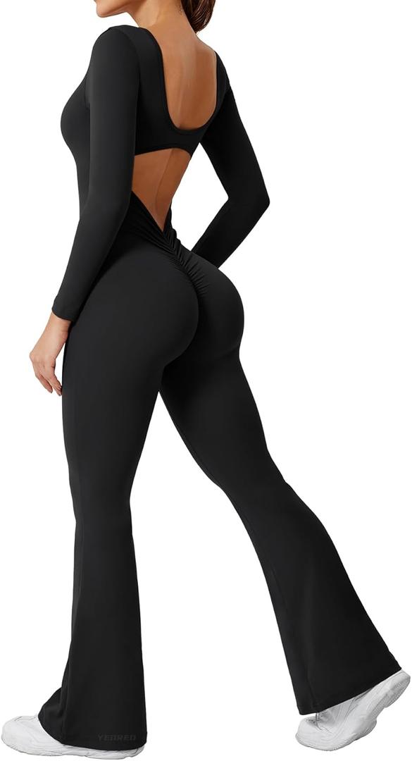 YEOREO One Piece Wide Leg Jumpsuits for Women Workout Long Sleeve Backless Flare Jumpsuit Lizvette Scrunch V Back Yoga Romper (Medium, Black)