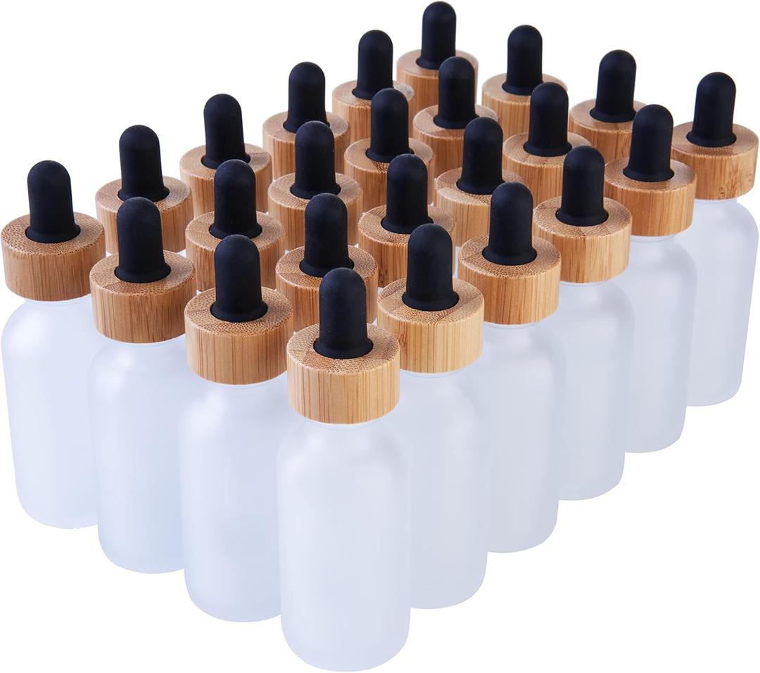 24 Pack Clear Frosted Boston Round Essential Oils Aromatherapy Glass Bottles Jar With Black Bamboo Eye dropper cap, 1oz