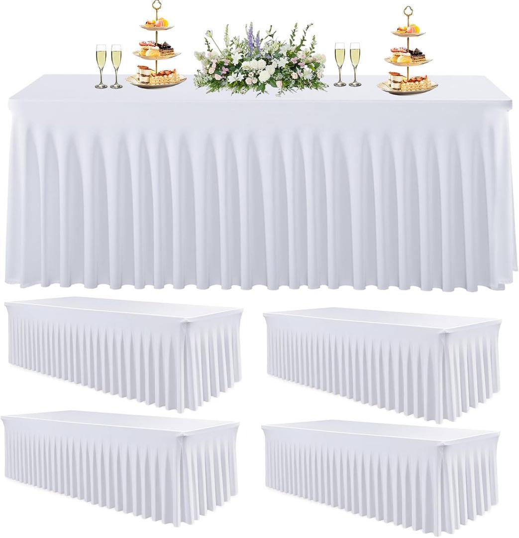 5 Pack White Spandex Table Cloths for 6 Foot Rectangle Tables, Wrinkle Free Fitted Table Covers 6 Ft Stretch Polyester Tablecloths with Skirt for Party Banquet Wedding Birthday Christmas