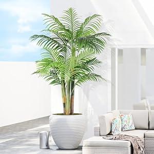 Keeplush 5ft Tall Triple Golden Cane Palm Artificial Tree Large Tropical Palm Tree UV Resistant Fake Plant in Pot for Indoor Outdoor Big House Living Room Outside Patio Office Home Decor 1Pack