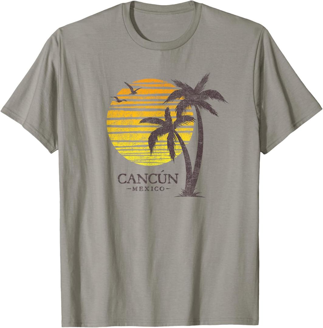 Cancun Mexico Souvenir Beach Sunset Vintage Womens Mens T-Shirt (L, Slate Grey)