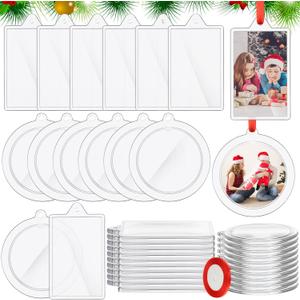 Vercraft 48 Pcs DIY Christmas Picture Frame Ornaments with Red Ribbon, Acrylic Xmas Tree Photo Frame Bulk, Hanging Photo Christmas Ornaments, Plastic Ornament Tree Decor (Round,Square)