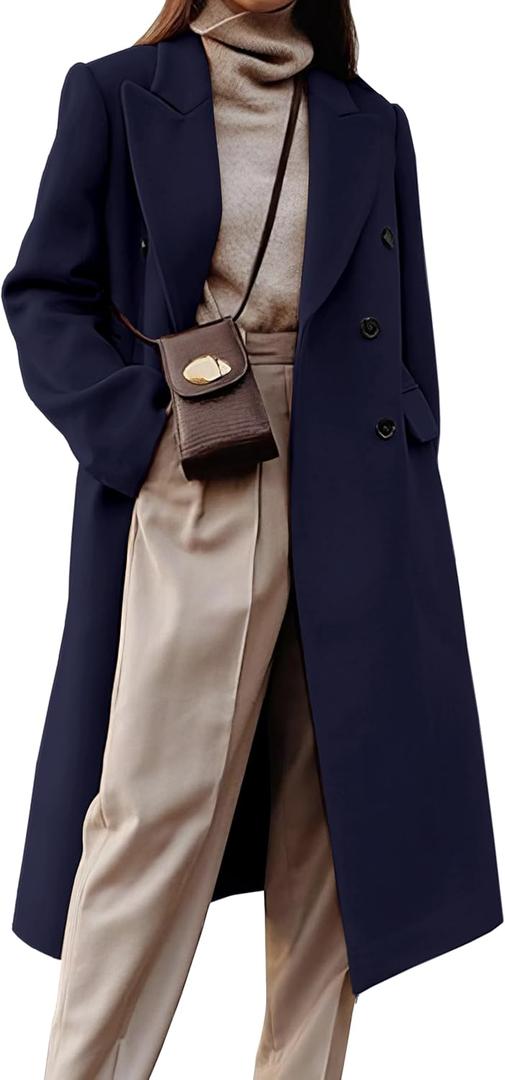 IDEALSANXUN Womens Long Wool Coats Fall Winter Double Breasted Trench Coat Peacoat (Blue, XL)