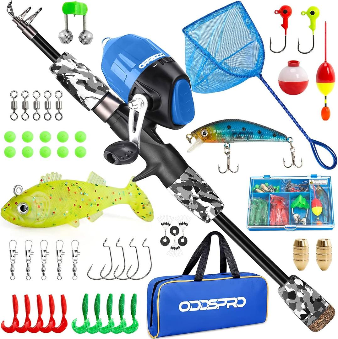 ODDSPRO Kids Fishing Pole Pink, Portable Telescopic Fishing Rod and Reel Combo Kit - with Spincast Fishing Reel Tackle Box for Girls, Youth (1.5M 4.92Ft, Black+Net)