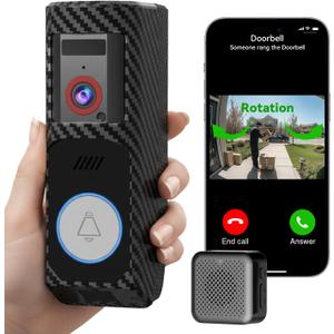 Video Doorbell Camera Wireless with Charm, HD Camera, Real-Time Alerts Ring Call, Pan Rotate, AI Detection, Power Battery, Home Security Apartment 2.4G WiFi, Carbon Fiber