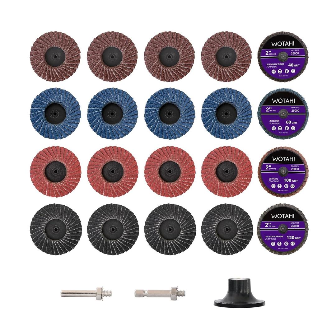 2 Inch Flap Disc Set, 20 PCS Angle/Die Grinder Flap Discs - 40 Grit Aluminum Oxide, 60 Grit Zirconia, 100 Grit Ceramic, 120 Grit Silicon Carbide with 1/4 Inch Shank Double Rod Replacement