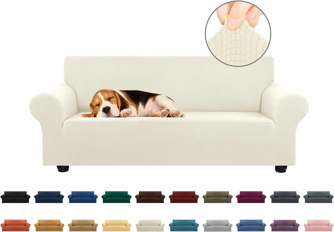 KEKUOU Stretch Loveseat Sofa Cover Slipcover,Couch Covers for 2 Cushion Couch Sofa (55"-78") Furniture Protector Sofa with Elastic Bottom for Kids,Dog. Jacquard Small Checked(Medium,Beige)