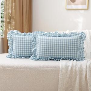 2 Pack Light Blue White Plaid Ruffle Gingham Lumbar Throw Pillow Covers, 100% Washed Cotton Checkered Farmhouse Decorative Pillow Shams for Bed/Sofa Zipper Closure - 12''x20''