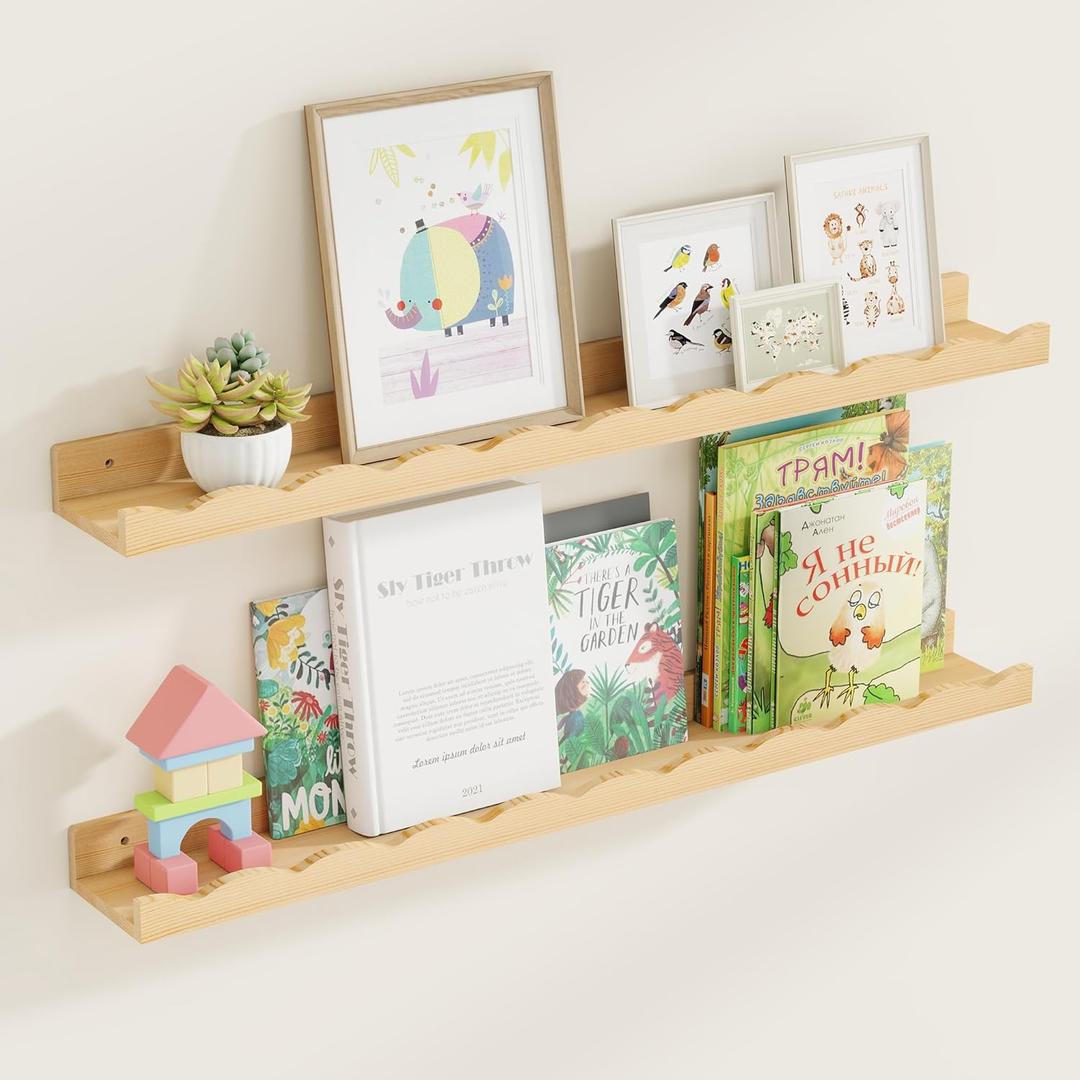 Fun Memories Picture Ledge Shelf for Wall, 36 inch Pine Wood Nursery Book Shelves Set of 2- Wall Book Shelves for Kids Room, Home Decor - Kitchen Spice-Natural (36 inches, Set of 2)