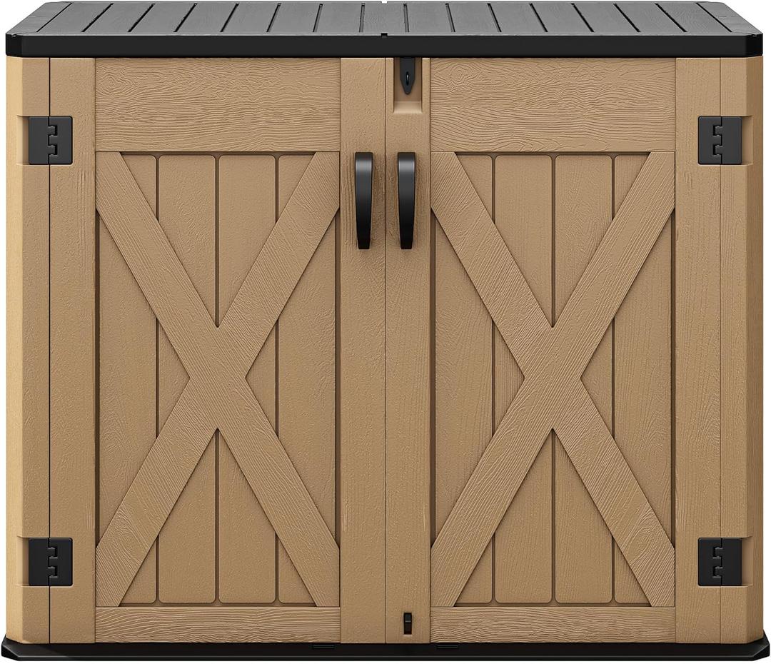 DWVO Outdoor Storage Shed, Weatherproof Resin, 35 Cu Ft Capacity, Horizontal Design, X-Shaped Lockable Door, Suitable for Bike, Garden Tools, Trash Cans, Brown