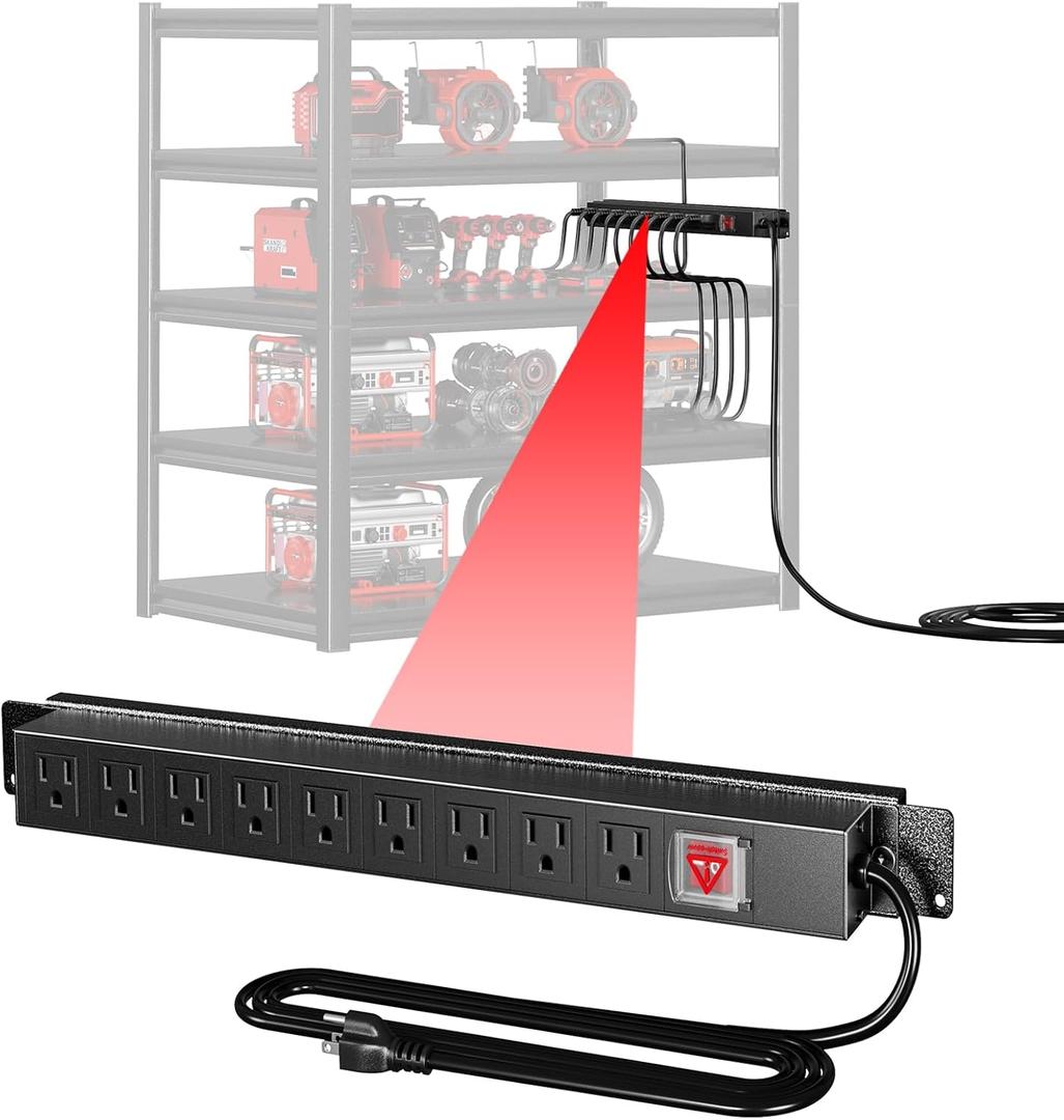 9 Outlet Power Strip for 24 inch Wide Shelf,Metal Shelf Accessories Adjustable Easy Charging Easy to Install Heavy Duty Steel Metal for Garage Kitchen Living Room