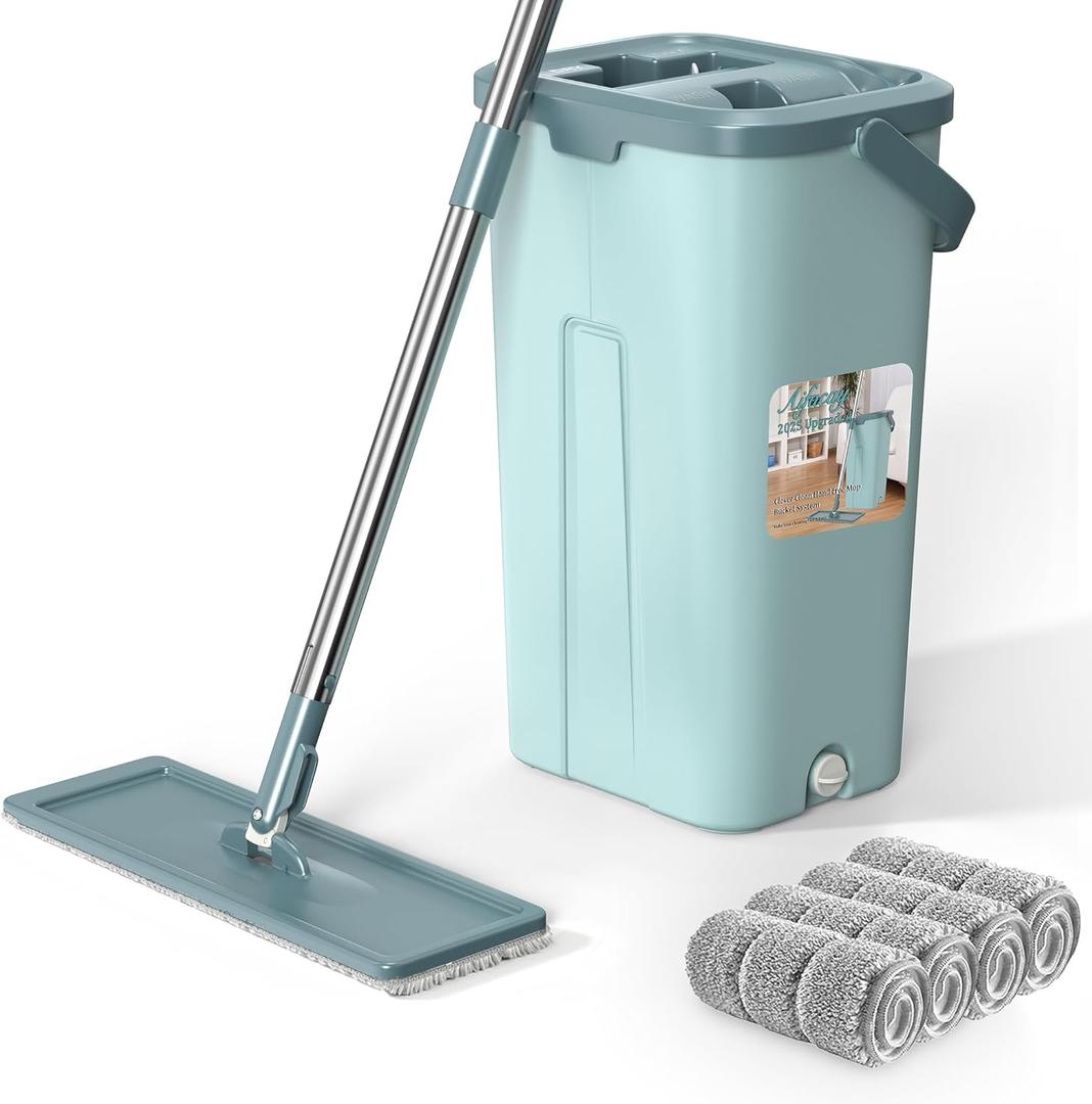 Mop and Bucket with Wringer Set, Flat Squeeze Mop and Bucket System for Home, Wet & Dry Use Wall Mop System with 4 Microfiber Pads, Separates Dirty & Clean Water Handimop Bucket Set for Floor Cleaning