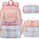 Girls Backpack with Lunch Box, Cute School Backpack for Kids Teen Elementary, Large Capacity Kids Bookbag 3 Pcs Set (Pink Grid)