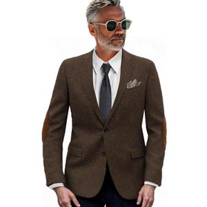 VENNYNG Men's Tweed Jacket with Elbow Paths Single Breasted Blazer Vintage Coat Tailored Fit Two-Buttons (X-Large, Herri Brown)