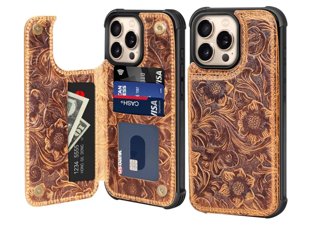 Wallet Real Leather Case Compatible with iPhone 15 Pro Max 6.7" ，Genuine Leather，Shockproof, Anti-Fall Case, Flip Cover, with Card Slot, Double Magnetic Buckle, Kickstand, Durable Brown