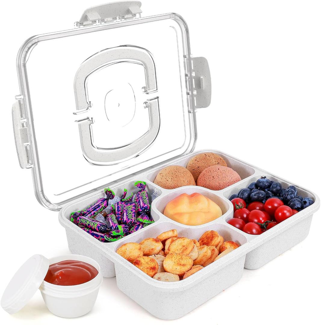 Large Snackle Box Container with Dip Container, 5 Compartments Snack Container with Lid and Handle, Veggie Fruit Divided Serving Tray for Party, Picnic, Dishwasher Safe, BPA-Free