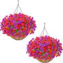 Elyum 2 Pack Artificial Hanging Flowers for Outdoors, Fake Flowers Artificial Petunias Hanging Baskets for Outdoors, UV Resistant Fake Hanging Plants Flowers for Outside Garden Patio Porch Decor (Purple&red)
