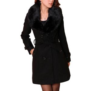 SOMTHRON Women's Winter Midi Long Pea Coat Double Breasted Faux Fur Collar Wool Blend Trench Coat Overcoat with Belt (XS, Black)