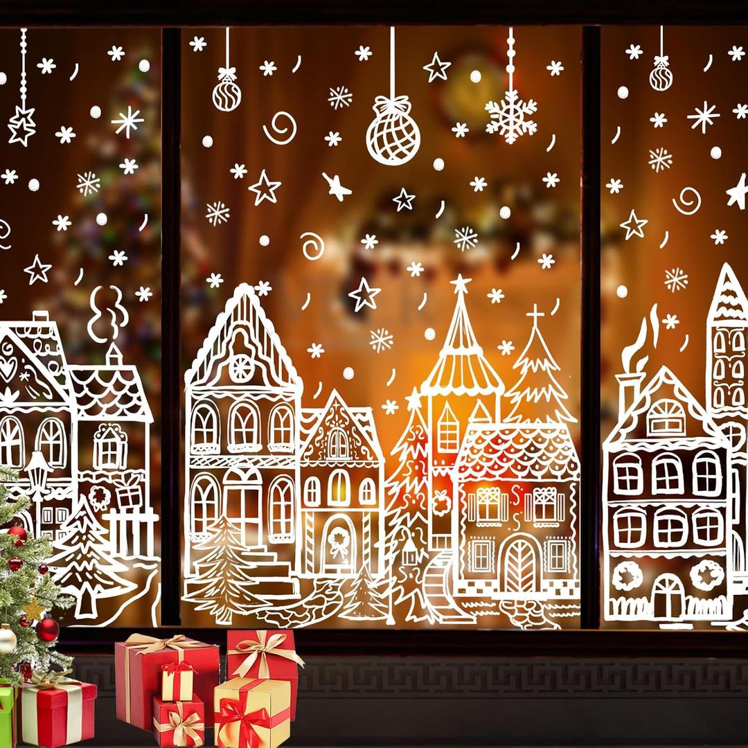 DIYDEC 15.7 * 27.5'' Large Christmas Window Stickers 4 Sheets White House Xmas Window Clings for Glass Decoration Snowman Snowflake Double-Sided Window Decals for Christmas Holiday Party Ornament