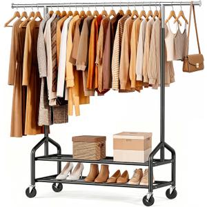 Heavy Duty Clothes Rack, Rolling Clothing Rack Load 650 LBS for Hanging Clothes with 2 Sturdy Shelves, Metal Garment Rack with Wheels for Bedroom, Retail Store, Silver-Black, Large