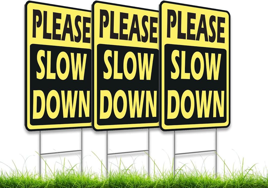 Set of 3 Double Sided 12x8 Inches Please Slow Down Signs with Stakes - Road, Traffic Safety Plastic Signs for Neighborhoods - Children and Kids at Play signs - Street Slow Children at Play Sign