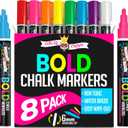 Liquid Chalk Markers for Blackboards - Bold Color Dry Erase Marker - Chalk Markers for Chalkboard Signs, Windows, Blackboard, Glass - 6mm Reversible Tip (8 Pack) - 24 Chalkboard Labels Included