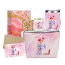 Personalized Gifts Monogrammed Birthday Gifts for Women, Daughter Bestie Friendship Christmas Halloween Initial Wine Tumbler Makeup Bag Scented Candle Bracelet Set (Aesthetic Pink Flower E)
