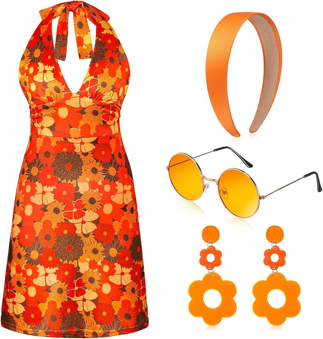 SATINIOR 4 Pcs 60s 70s Women's Hippie Costume Retro Disco Outfit Groovy Dress Headband Earring Sunglasses for Halloween Party (Small)