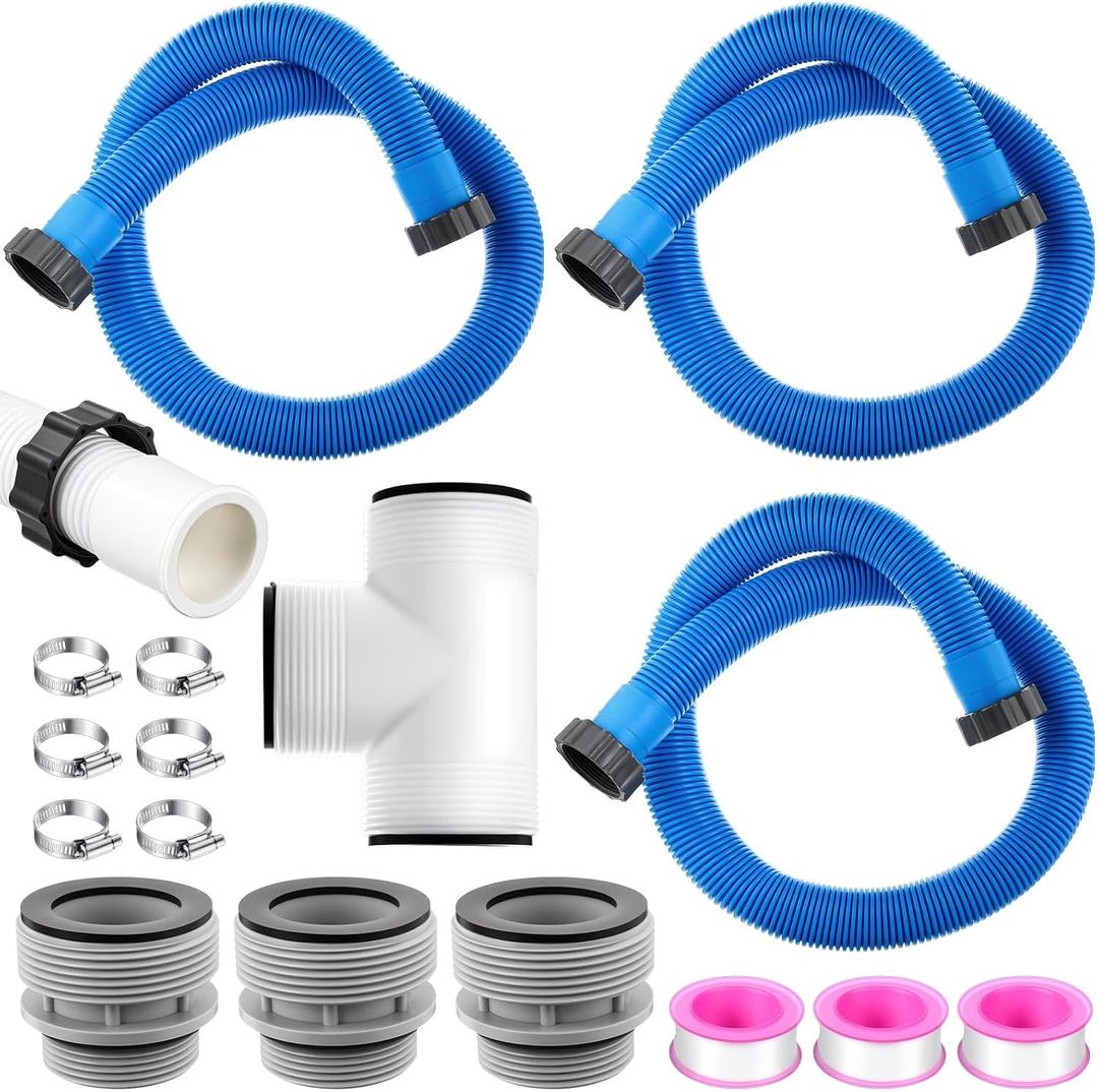 3 Pack 1.5''x59'' 29060e Flexible Pool Filter Pump Hose Kit for Above Ground Pools, with 1.5'' 3-way Connector, 3 4560 Conversion Adapters 40mm to 1.5'' for Sand Filter, Saltwater System(Blue)