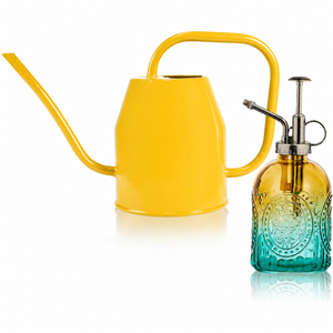 35 oz/1000 ml Metal Indoor Small Watering Can with Long Spout for House Plants Decorative, 12 oz/360 ml Glass Plant Mister Spray Bottle for Bonsai Garden Flowers(Yellow)