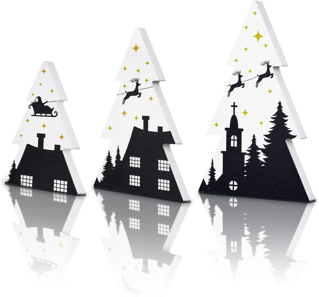 3 Pcs Wooden Christmas Trees Tabletop Decorations Black White Xmas Tiered Tray Decor Rustic Xmas Tree Table Signs for Home Office Christmas Party Centerpieces