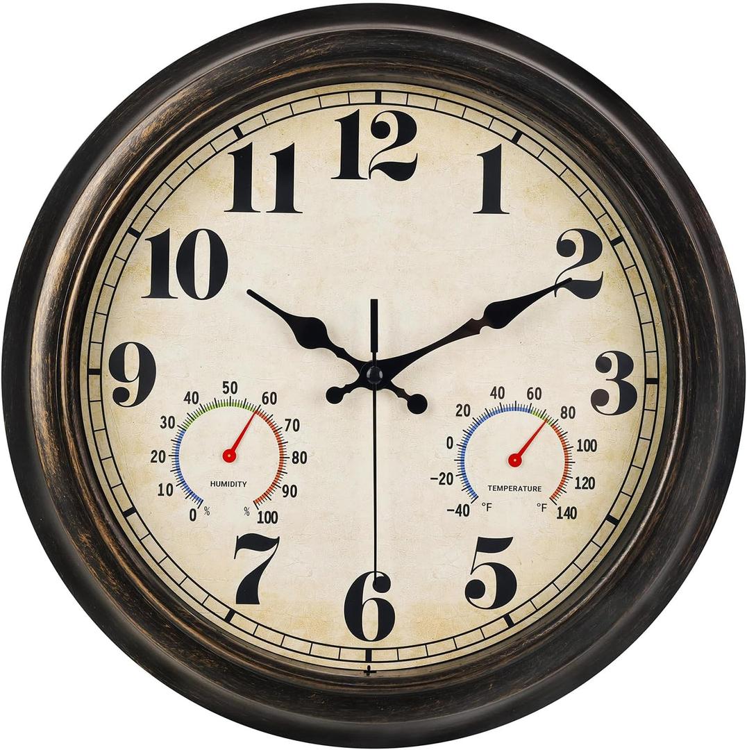 zyzamay 13 Inch Outdoor Clock with Thermometer and Hygrometer, Waterproof and Silent, Large Easy-to-Read Numbers, Ideal for Bedroom,Office,Living Room,Porch,Garden,Pool(BlackGold)