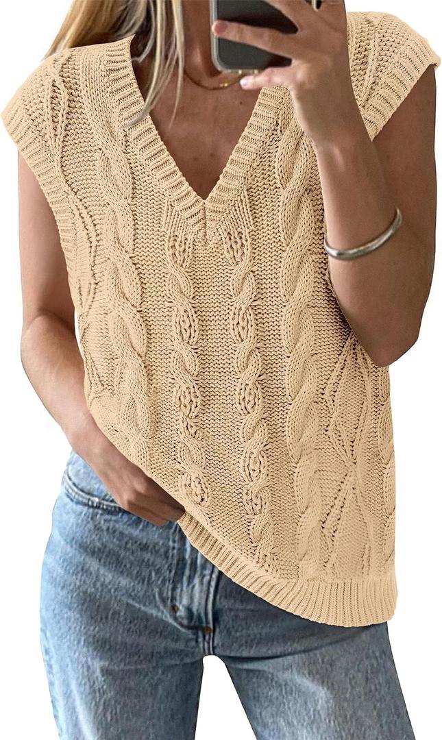 BTFBM Sweater Vest Women Oversized V Neck Cable Knit Casual Pullover Sweaters Fall Outfits 2025 Sleeveless Tops (Beige, S)