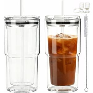 17oz Travel Coffee Tumbler, Insulated Tumbler with Lid and Straw, Double Walled Coffee Mugs, Reusable Plastic Cups, Car Cup Holder Compatible, 2 Pack (2, Clear)